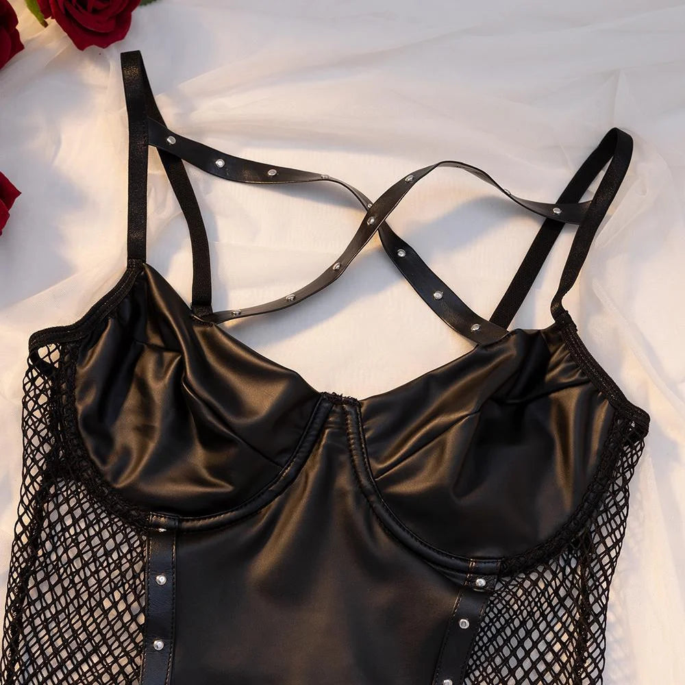 HerLikes Women's Black Lace Mesh Halter Teddy Bodysuit Deep V-Neck Bridal Lingerie Sexy Nightwear Leather Look Transparent Babydoll