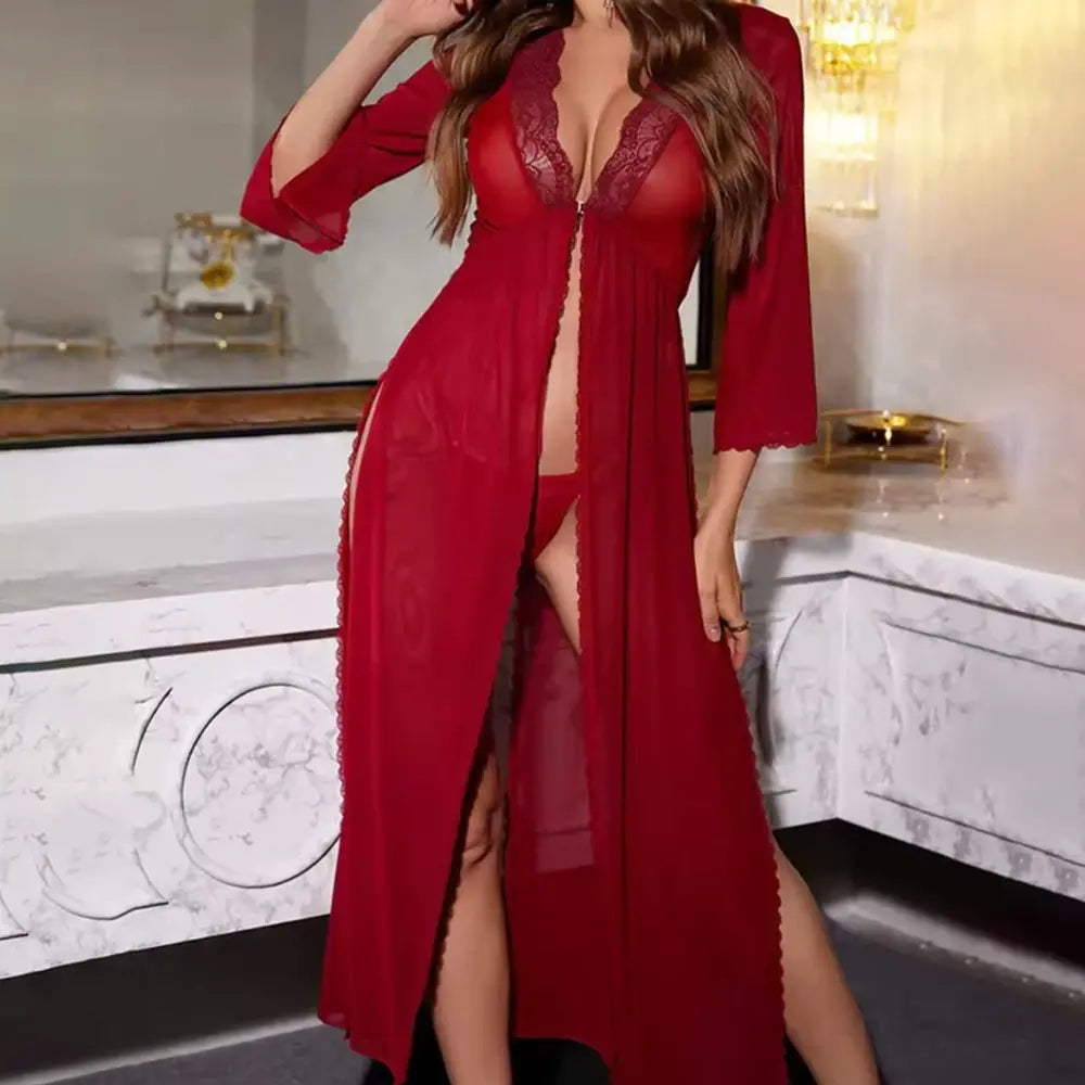 HerLikes Women's Maroon Silk Long Bridal Night Gown Luxury Nightwear Satin Sleepwear Night Dress Honeymoon Lingerie Pakistan