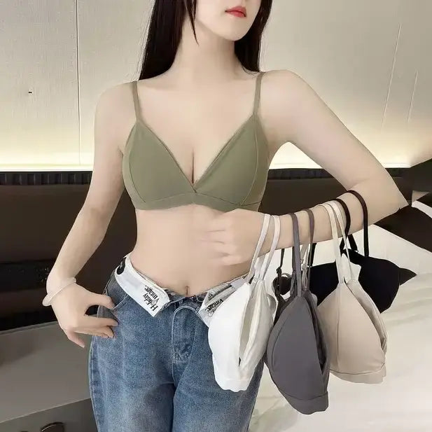 HerLikes.com Women's Backless Front Button Bra Wireless French Triangle Cup Soft Cotton Bralette Spaghetti Strap Sexy Push Up Lingerie