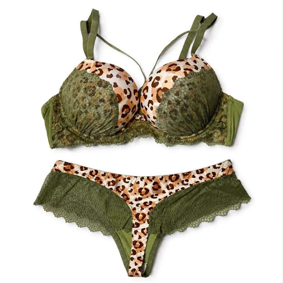 Premium Leopard Lace Lingerie Set | Push-Up Bra & Matching Ruffled Panty