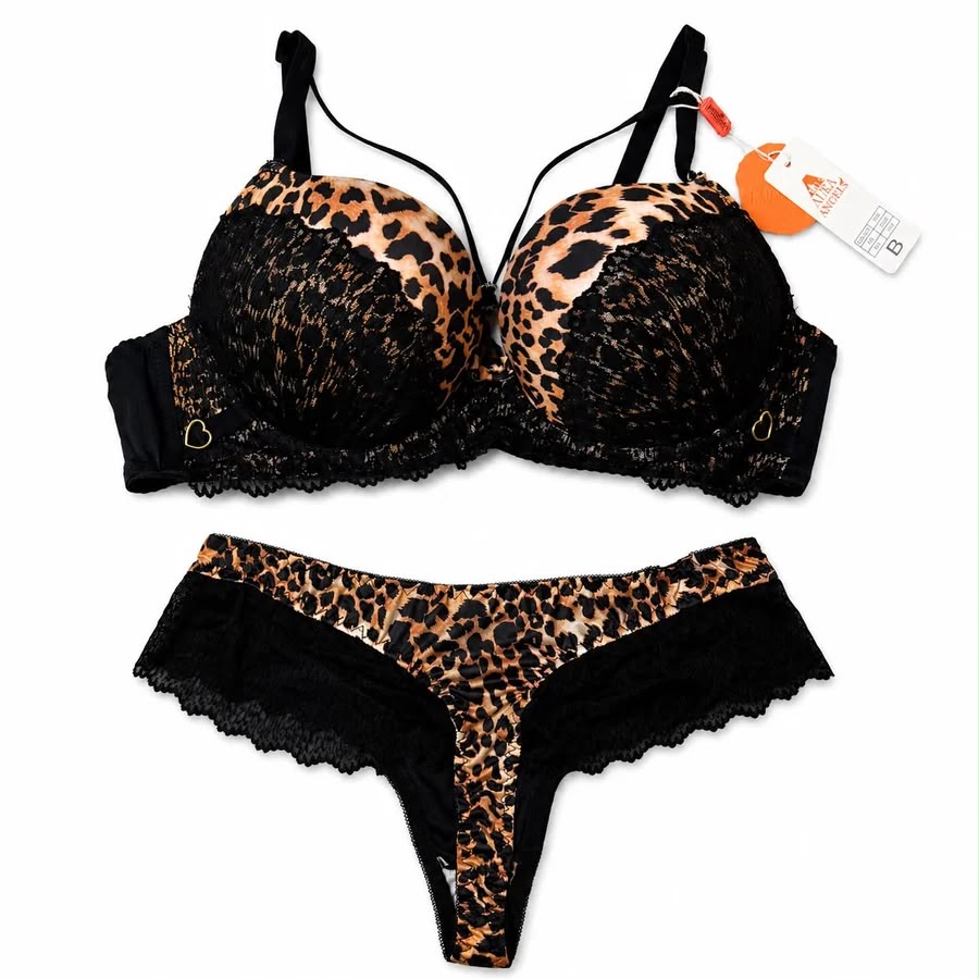 Premium Leopard Lace Lingerie Set | Push-Up Bra & Matching Ruffled Panty